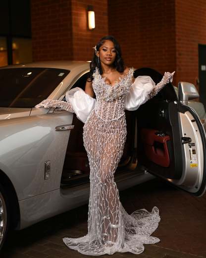 Silver Dream - Crystal Beaded Prom Dress with Dramatic Puff Sleeves