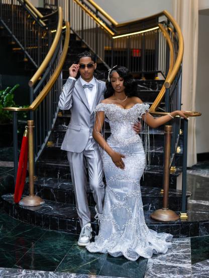 Luxury Glacial Silver Beaded Prom Dress – Crystal Fringe Mermaid Gown with Feather Accents | 2026 Couture Evening Collection