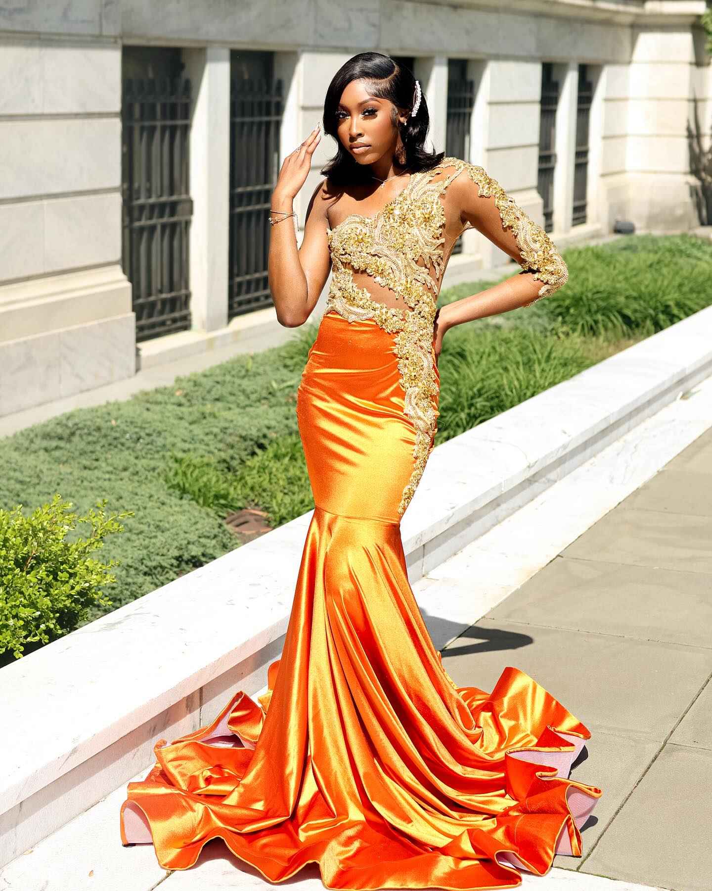 The Golden Hour - 2026 Orange Ombre Satin Mermaid Gown: One-Shoulder Gold Lace Appliques with Sheer Illusion Bodice & Cathedral Train