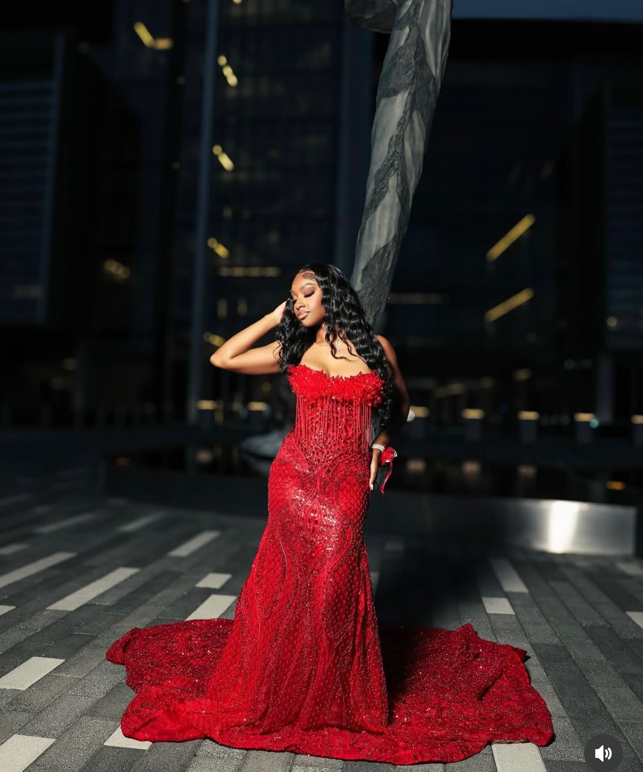 The Ruby Heiress - 2026 Hand-Beaded Crimson Mermaid Gown with Matching Crystal-Encrusted Hooded Veil