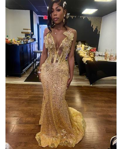 24K Gold - Sequined Corset Mermaid Prom Dress with 3D Florals