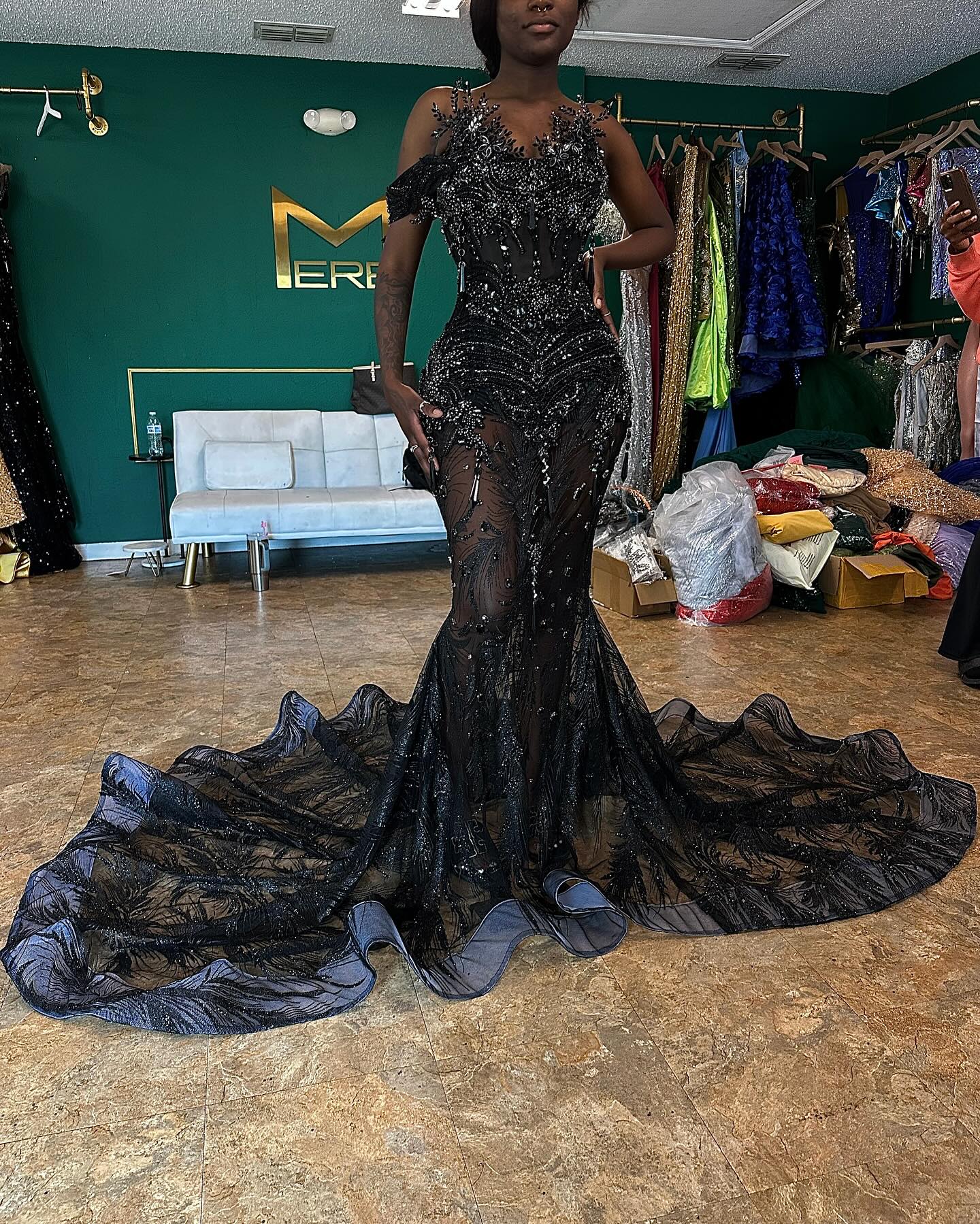Black Elegance - 3D Floral Beaded Mermaid Prom Dress with Ruffle Train
