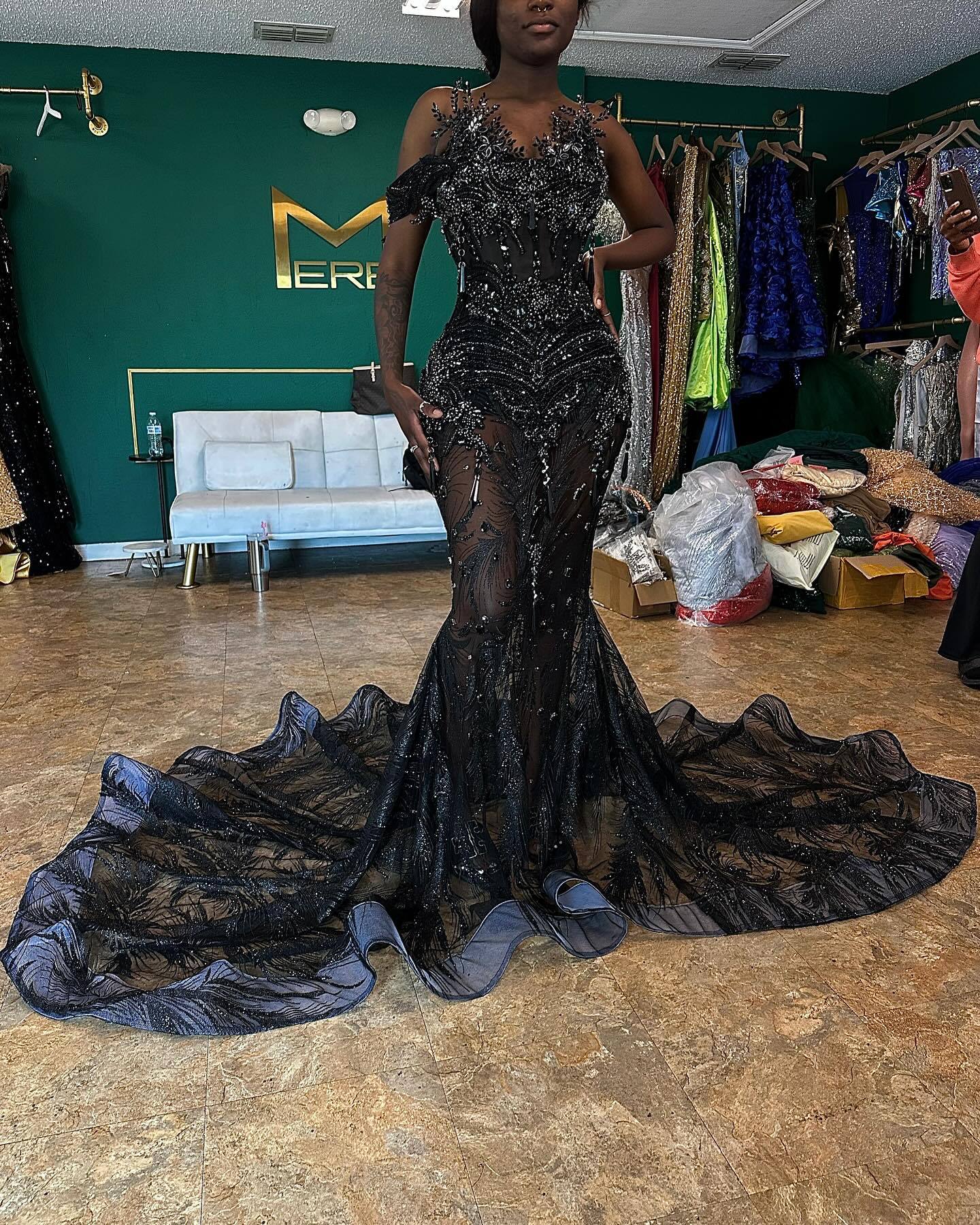 Black Elegance - 3D Floral Beaded Mermaid Prom Dress with Ruffle Train