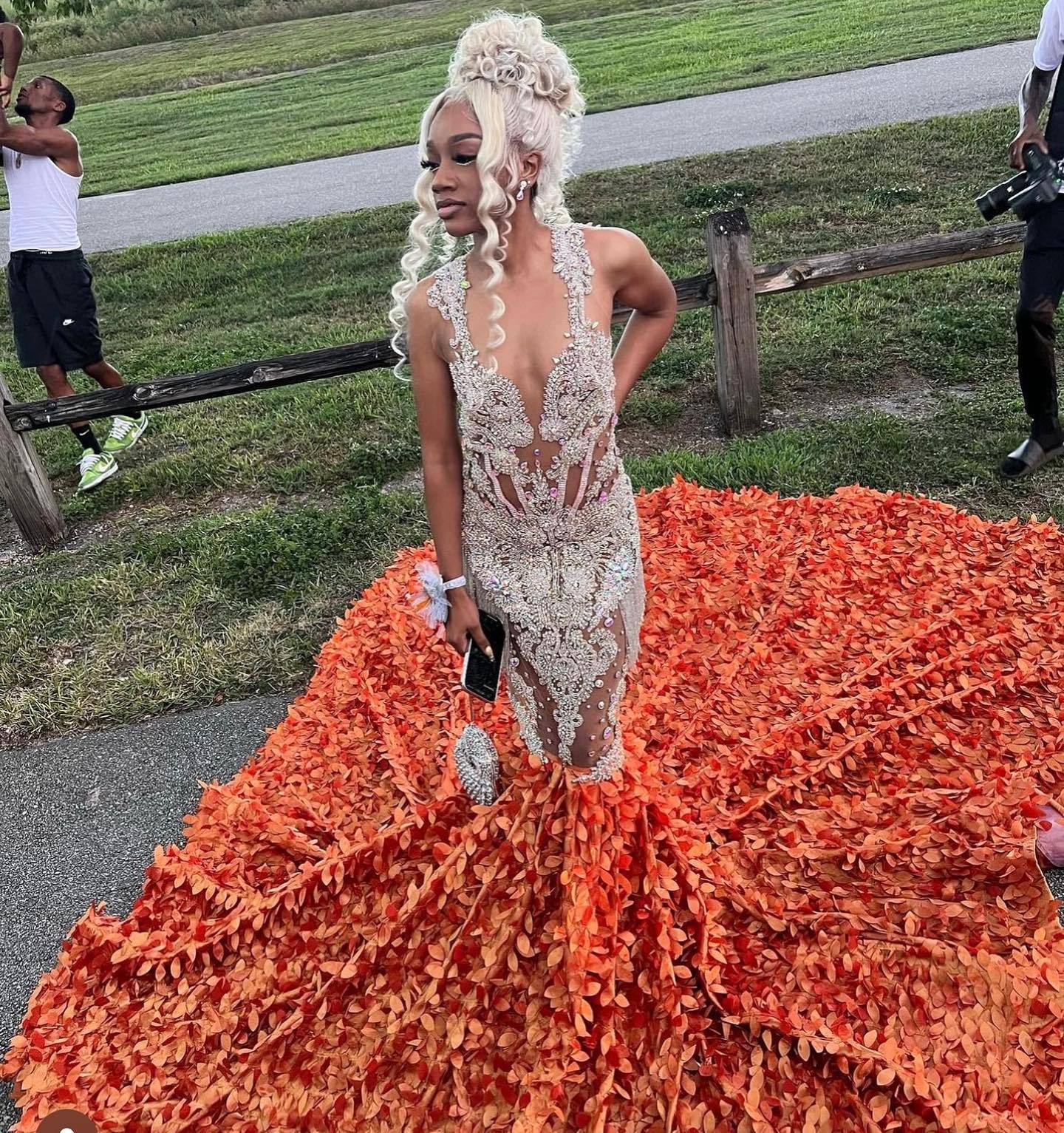 Orange Flame - Crystal Beaded Prom Dress with Massive 3D Petal Train