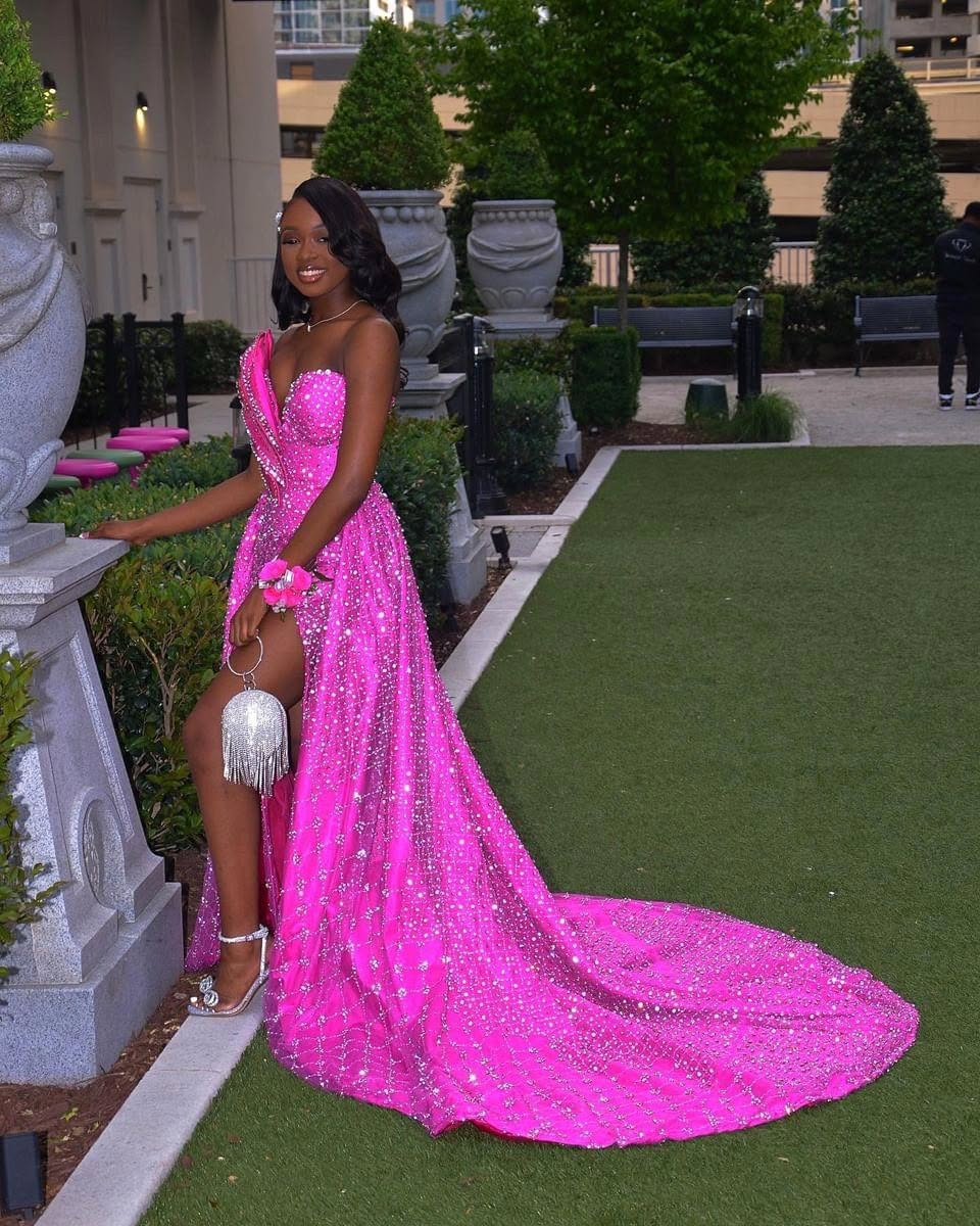 Hot Pink Sparkle - Sequined Prom Dress with One Shoulder & High Slit