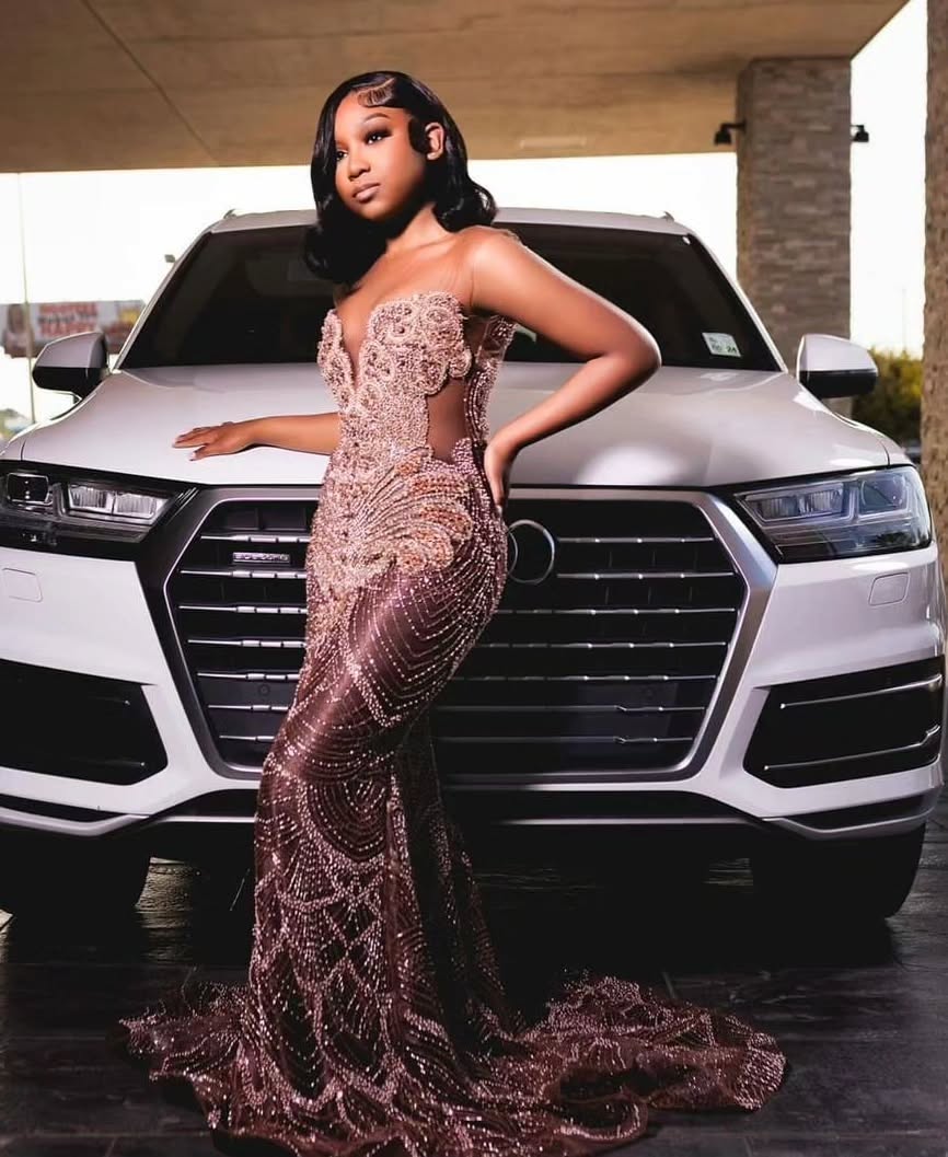 Rose Gold Glamour - Beaded Prom Dress with Deep V & Geometric Patterns