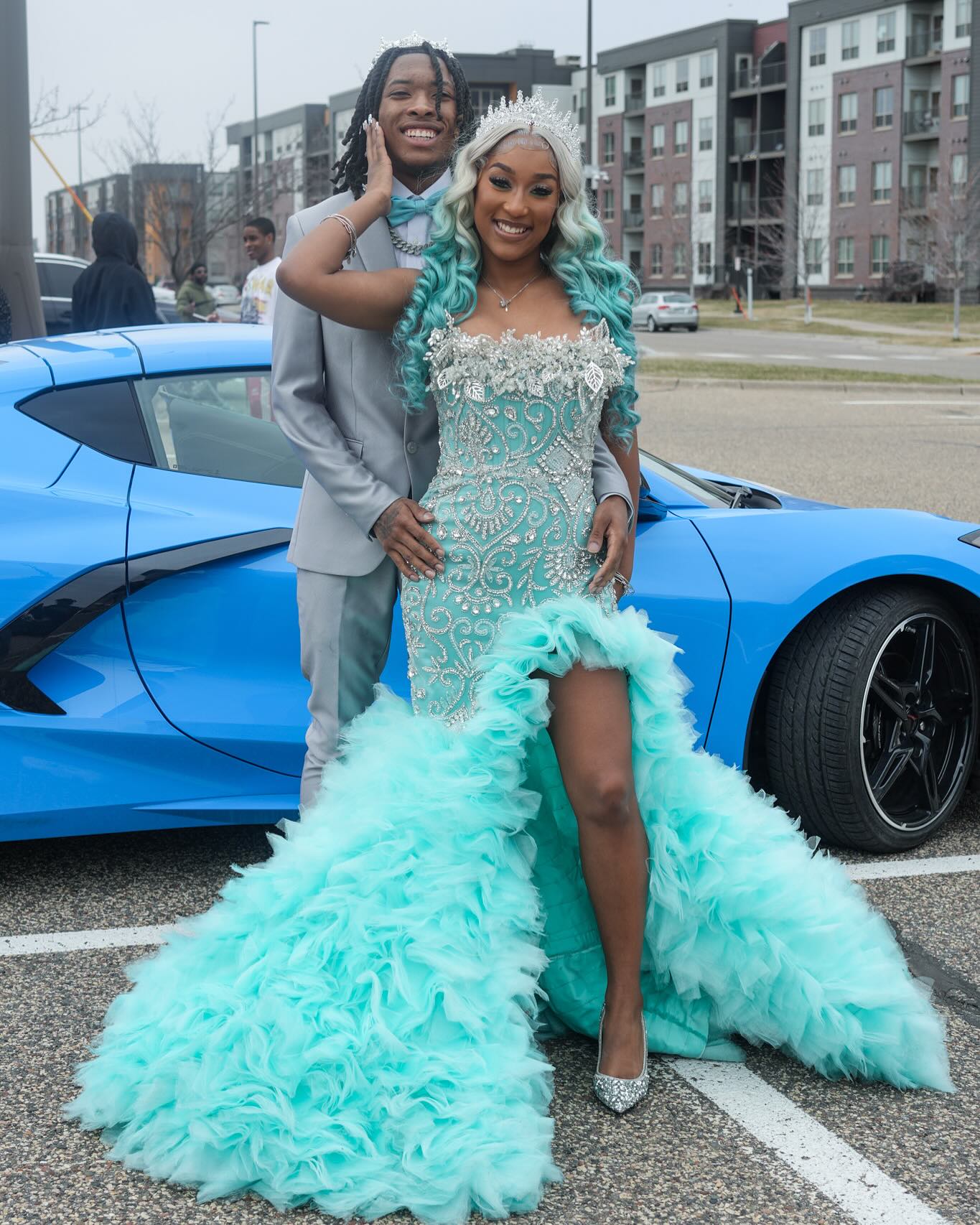 Tiffany Blue Crystal Mermaid Gown - 2026 3D Leaf Bodice & Explosive Ruffle Tiered Prom Dress