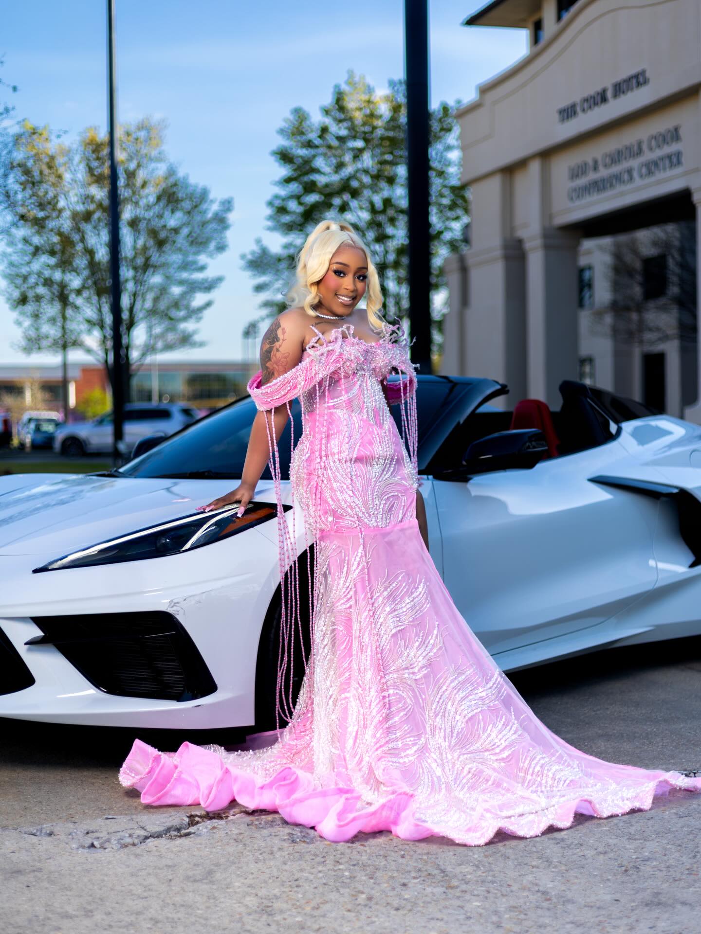 Pink Sequin Beaded Mermaid Prom Dress with Fringe Details