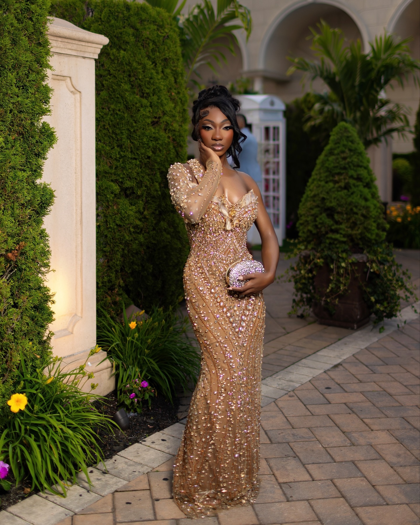 2026 Golden Hour Beaded Prom Dress – Opulent Nude Gold Sequin Gown | Asymmetrical Long Sleeve & One Shoulder