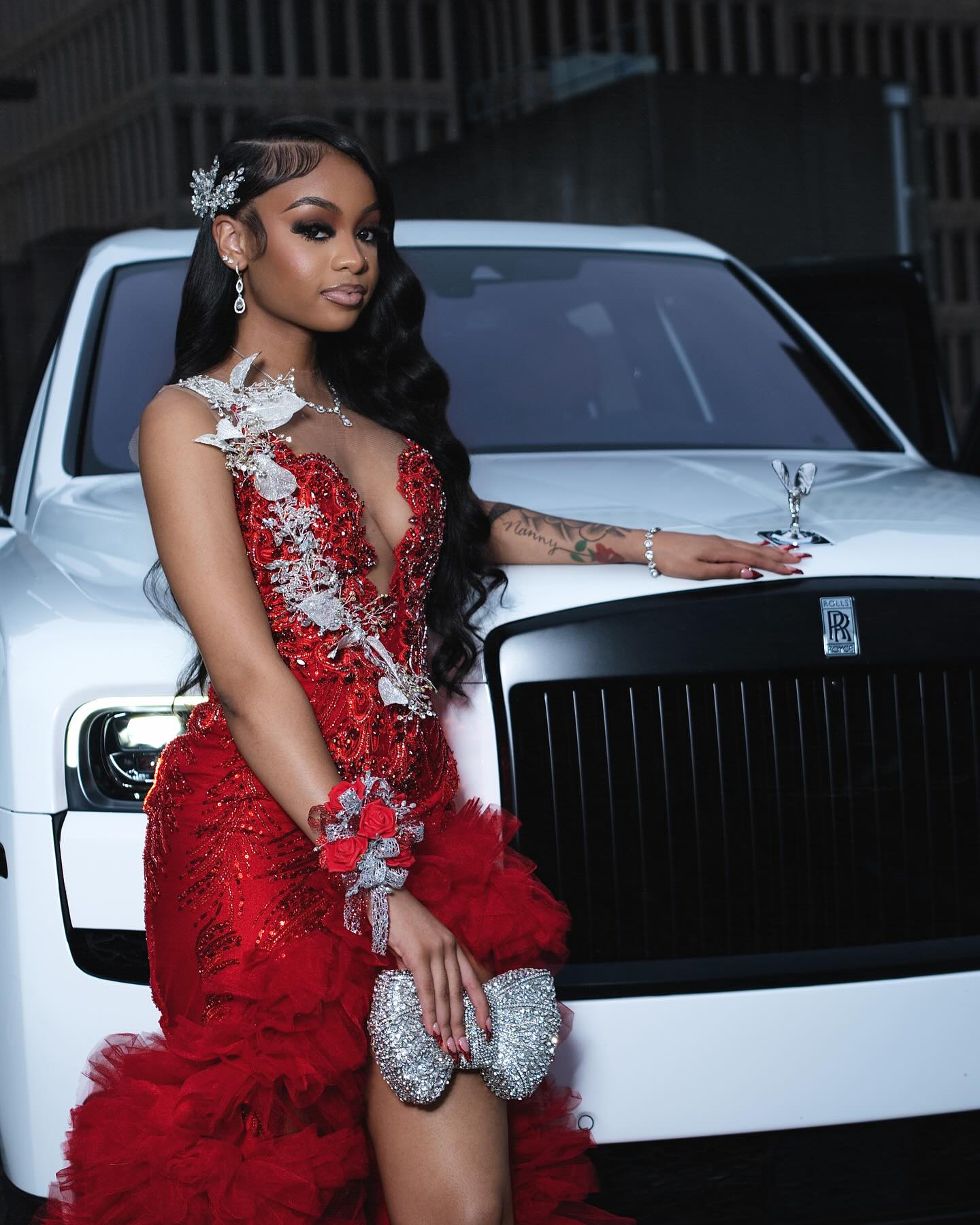 Scarlet Empress Red Sequin Gown – 3D Silver Lace & Tiered Ruffle Train