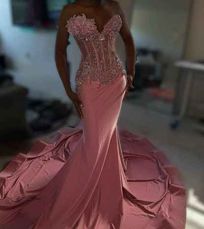 Rose Garden Dreams - Beaded Floral Mermaid Prom Dress with Ruffled Train