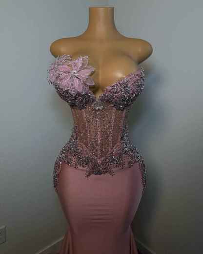 Rose Garden Dreams - Beaded Floral Mermaid Prom Dress with Ruffled Train