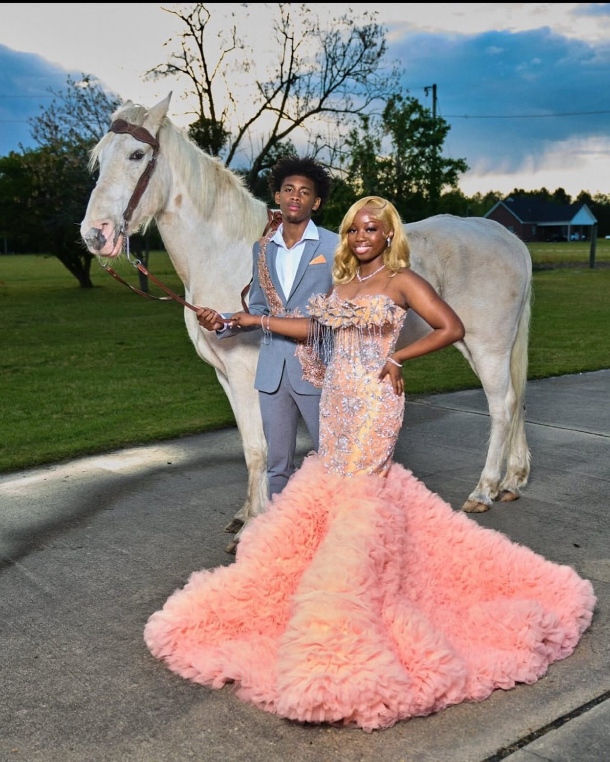 Peach Sunset Crystal Mermaid Gown - 2026 Off-the-Shoulder Fringe & Cloud-Ruffle Prom Dress