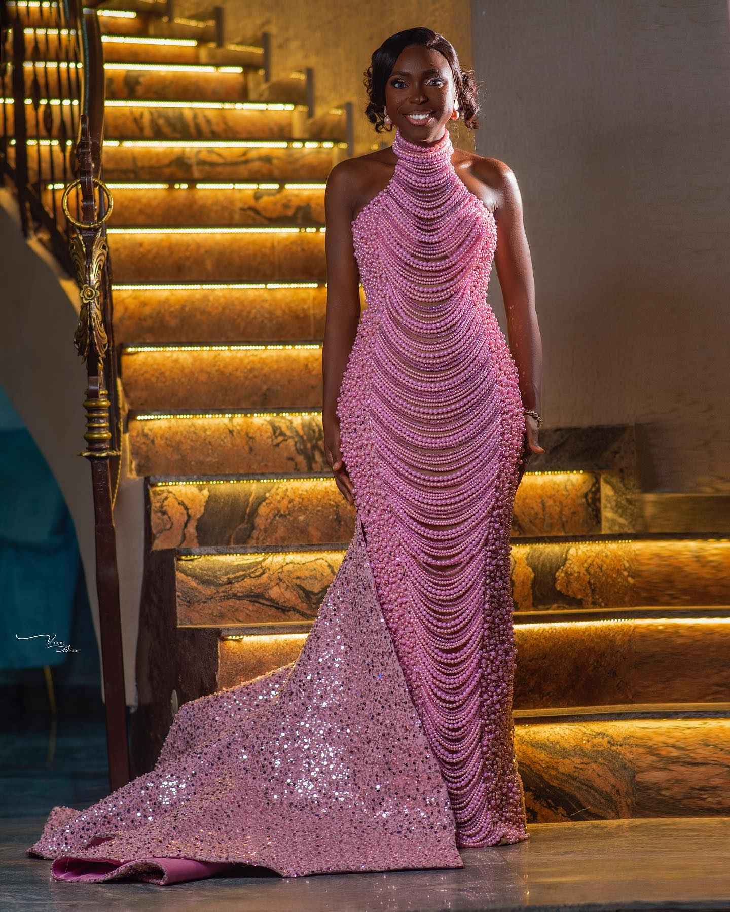 The Pink Pearl - 2026 Pearl Beaded Mermaid Gown: High Halter Neckline with Cascading Pearl Fringe Draping & Asymmetric Beadwork