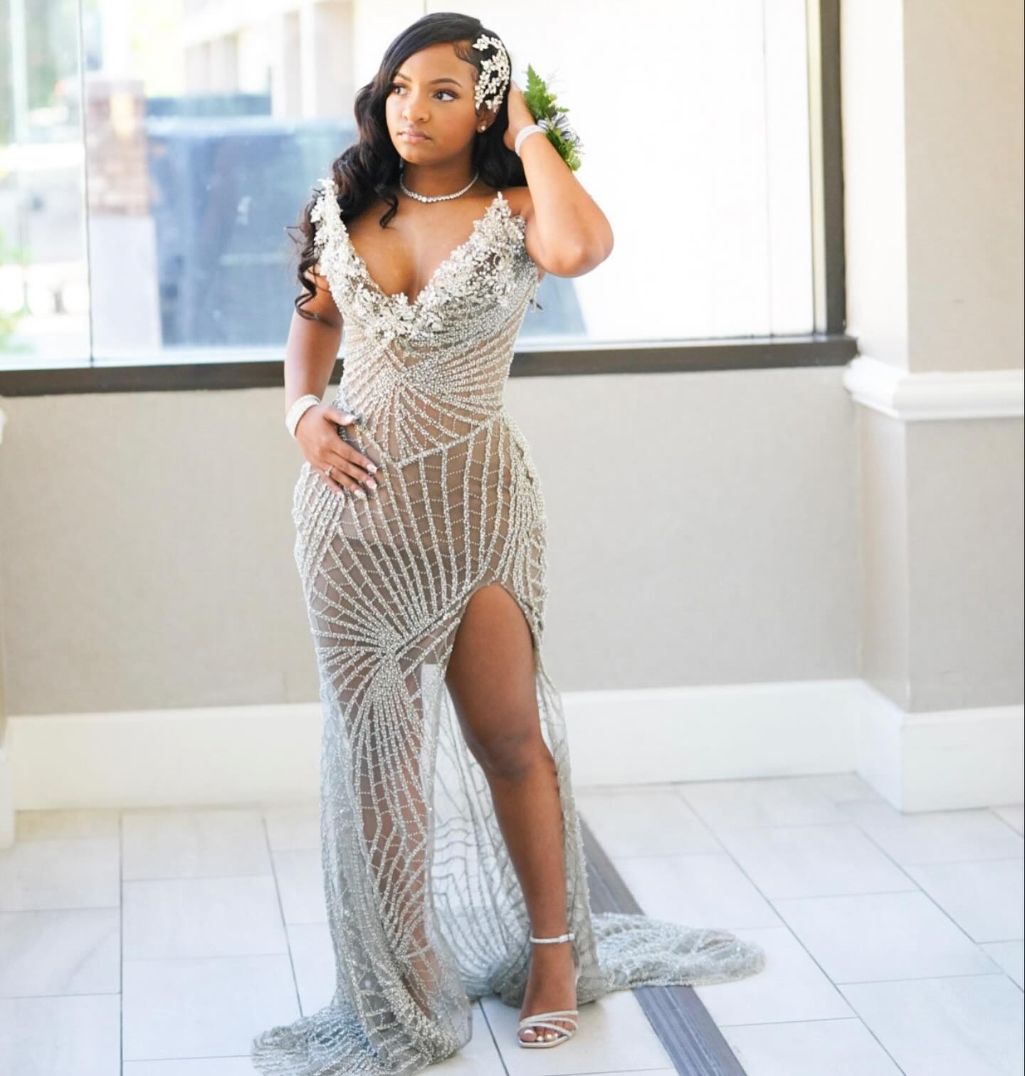 Champagne Radiance - Art Deco Beaded Prom Dress with 3D Florals & High Slit