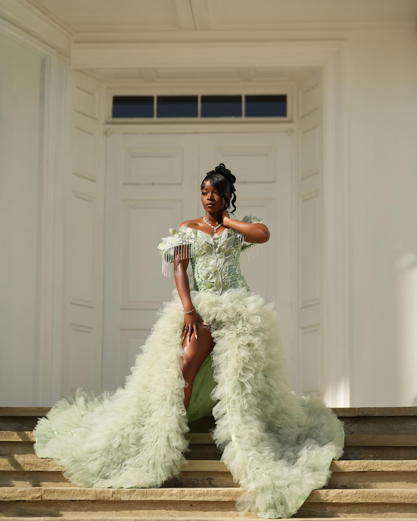 Mint Green Off-Shoulder Sequin Beaded Prom Dress with 3D Leaf Applique & Ruffle Tulle Train