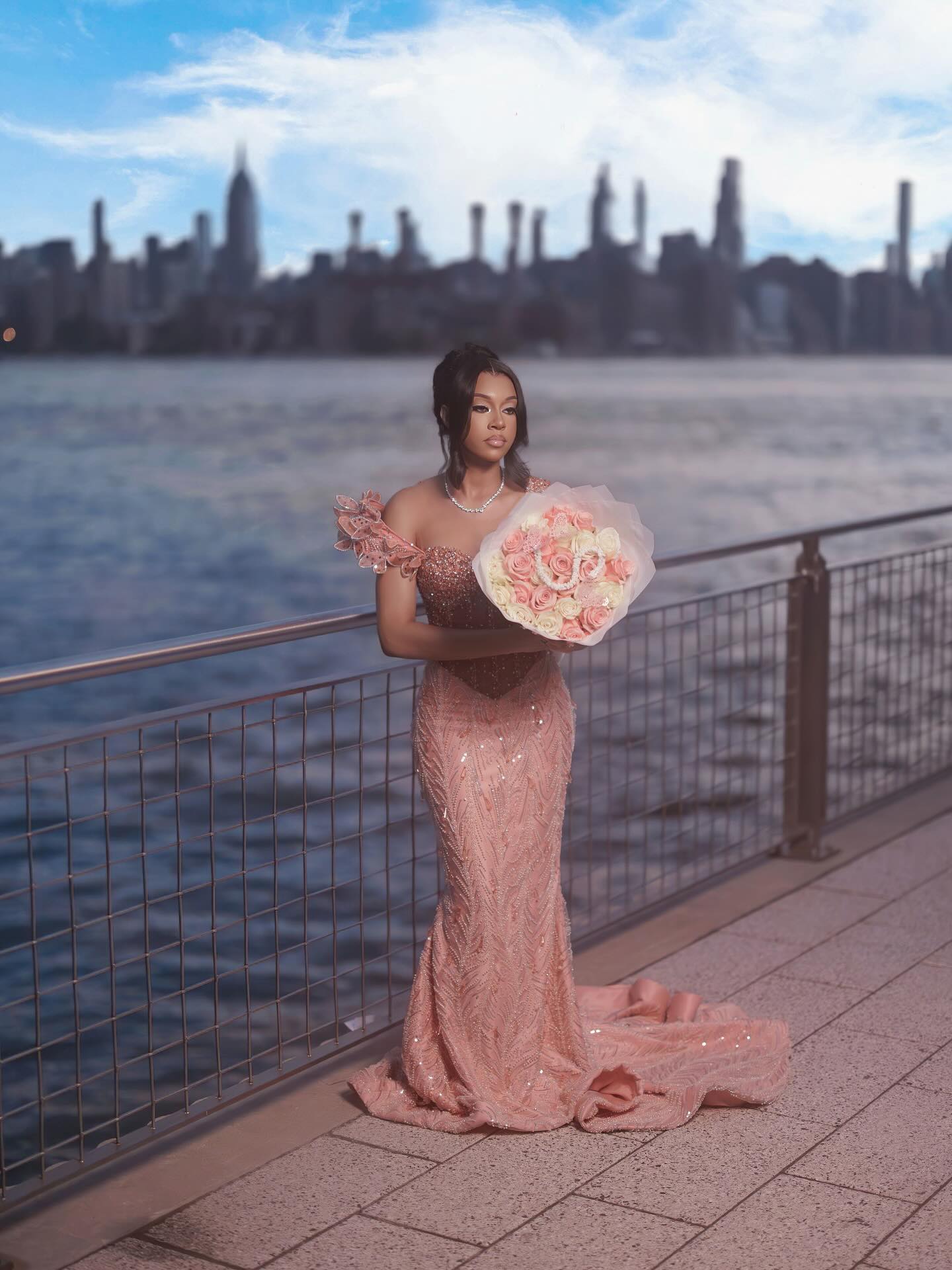 2026 Peach Pink Mermaid Prom Dress – 3D Floral One-Shoulder Detail & Pearl Beaded Bodice | Luxury Illusion Evening Gown with Cathedral Train