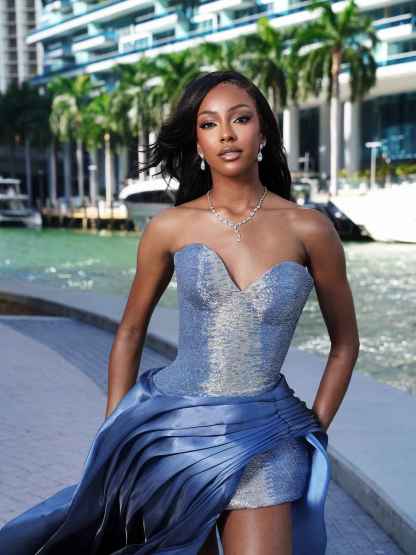 Azure Elegance - Sequined Gown with Detachable Overskirt & Dramatic Train