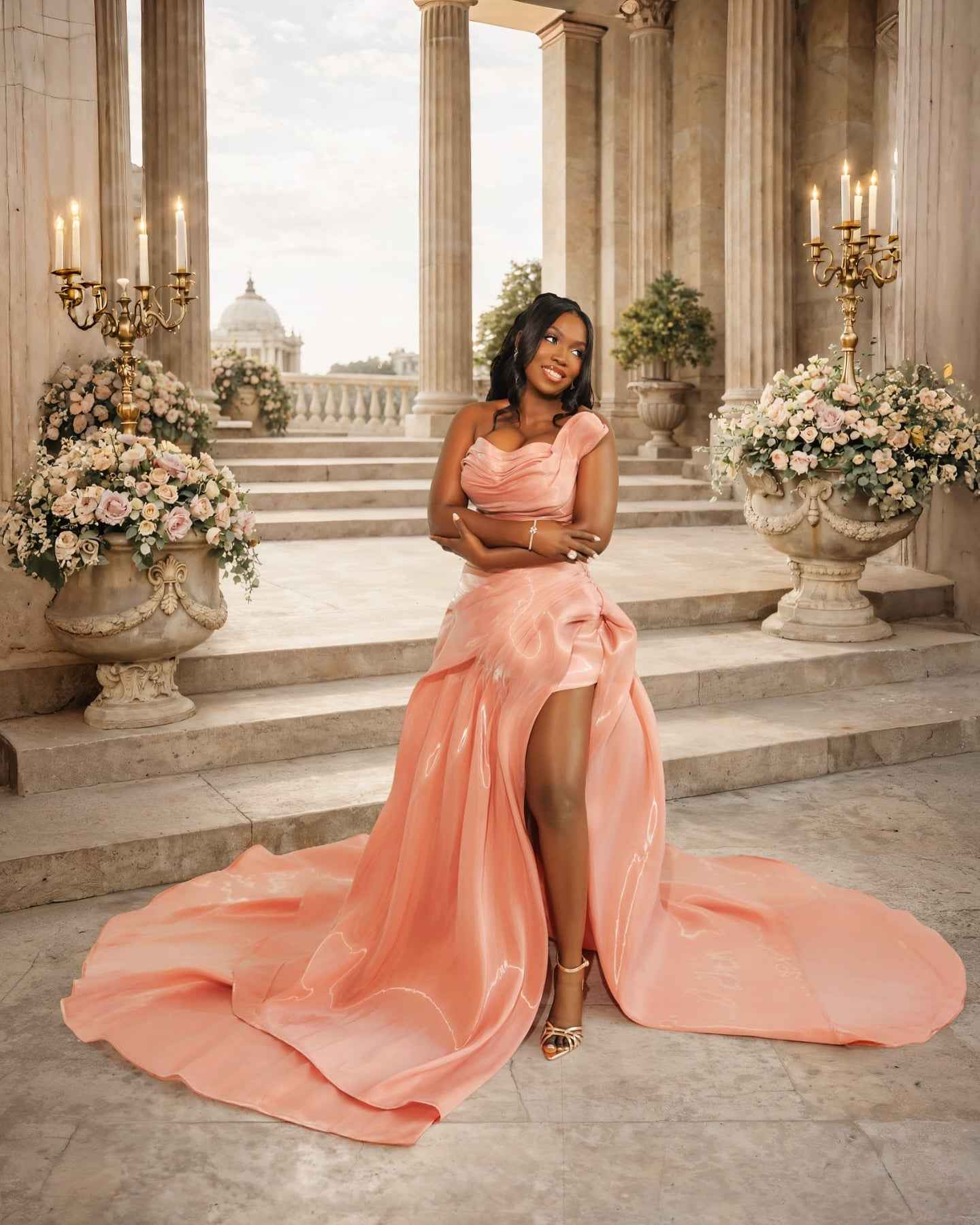 Coral Sunset - Draped Satin Mermaid Prom Dress with High Slit