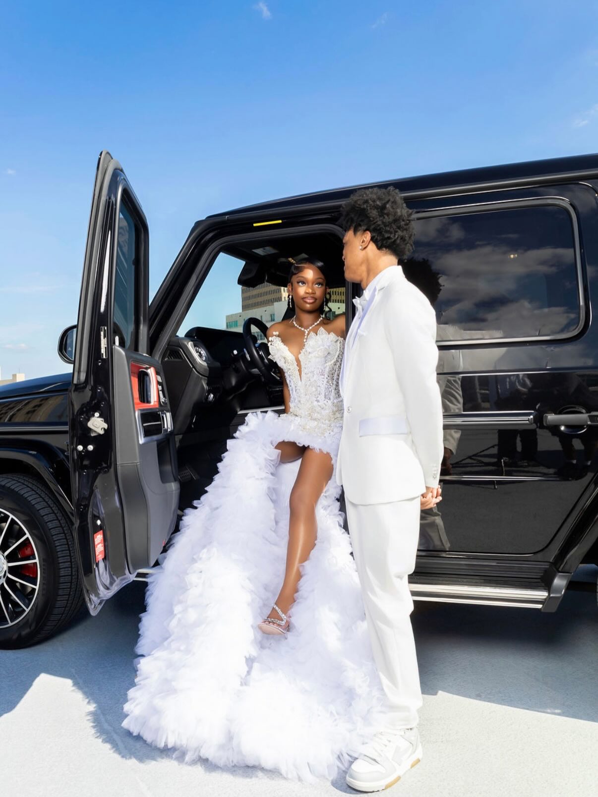 White Sequin Beaded Mermaid Prom Dress with 3D Floral & Ruffle Train