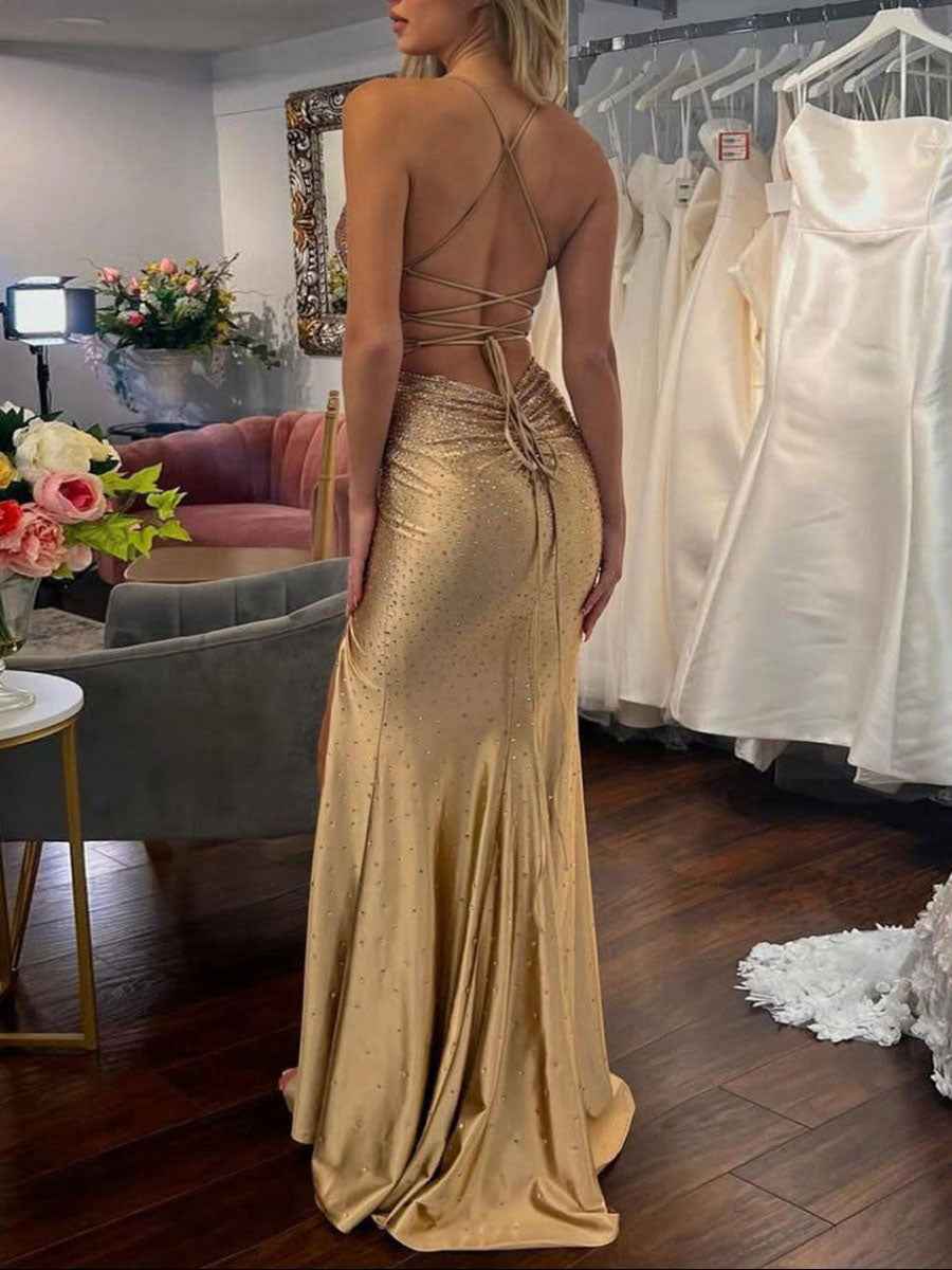 Mermaid V Neck Satin Hot Stone Prom Dress with Slit