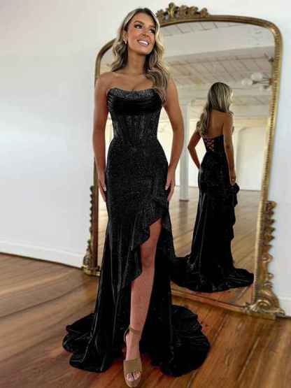 Hot Pink Mermaid Strapless Corset Bodice Long Prom Dress with Ruffle Slit