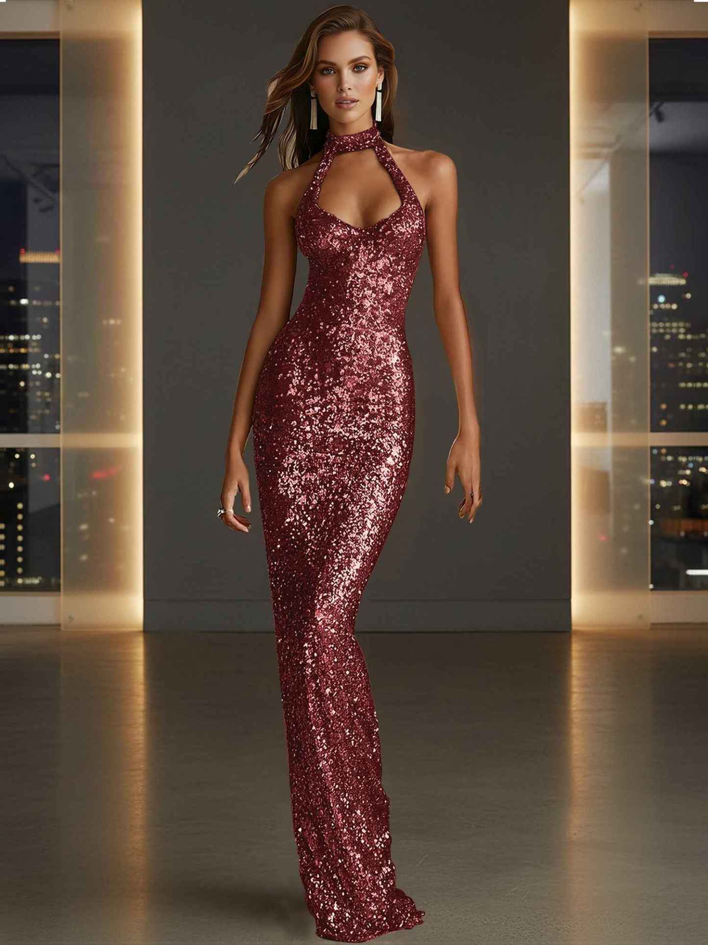 Glamorous Gold Sequin Halter Neck Mermaid Long Prom Dress