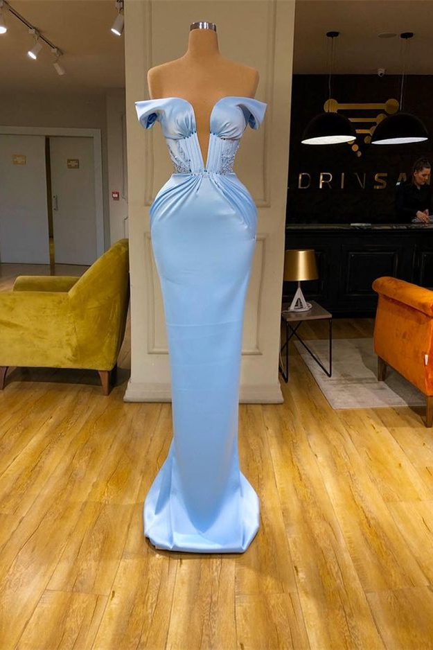 Bmbridal Sky Blue Mermiad Off the Shoulder V-Neck Prom Dress with Ruffles