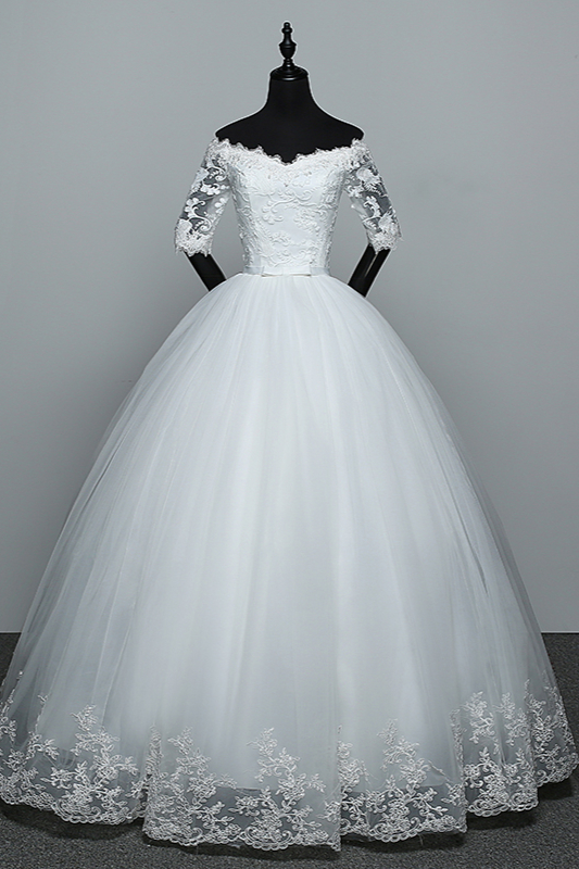 BMbridal Gorgeous Off-the-Shoulder Sweetheart Wedding Dress Tulle Lace White Bridal Gowns with Half Sleeves-BMbridal