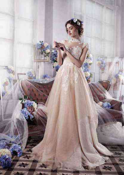 Charming Sweep Train Tulle Wedding Dress with Appliqued Details in A-Line/Princess Fit