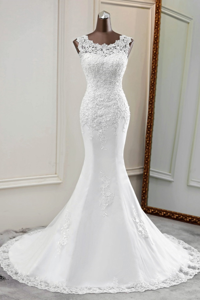 BMbridal Glamorous Jewel Lace Beading Wedding Dresses Sleeveless Appliques Mermaid Bridal Gowns