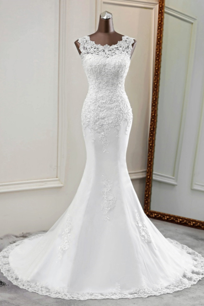 BMbridal Glamorous Jewel Lace Beading Wedding Dresses Sleeveless Appliques Mermaid Bridal Gowns