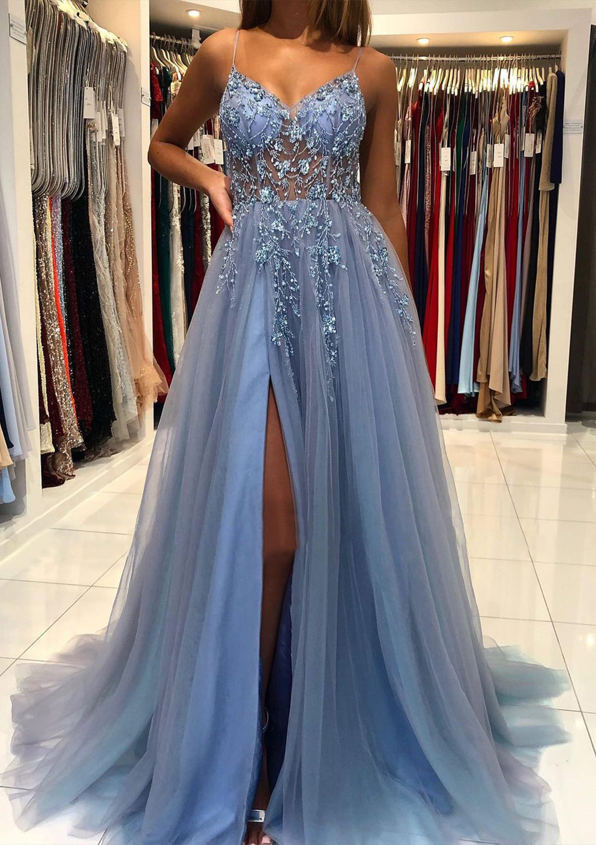 A-line V Neck Spaghetti Straps Sweep Train Tulle Prom Dress With Beading Sequins Split CPS
