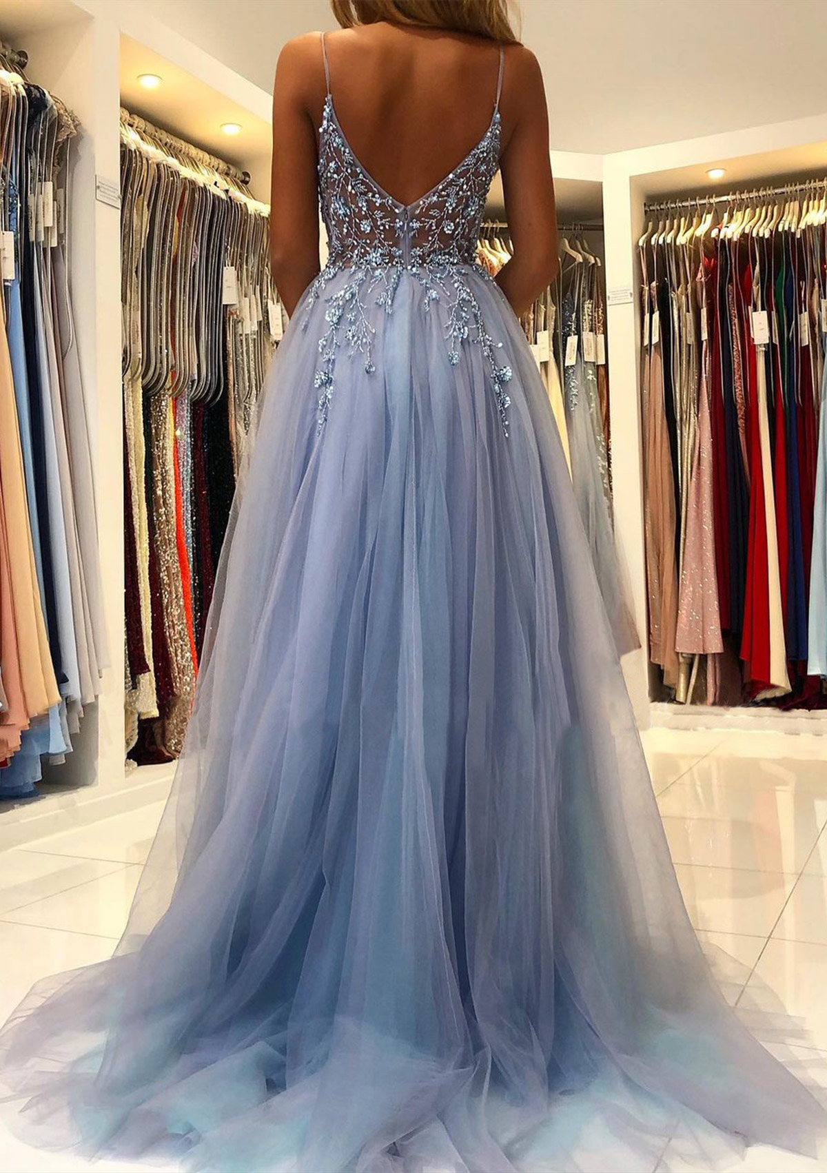 A-line V Neck Spaghetti Straps Sweep Train Tulle Prom Dress With Beading Sequins Split CPS