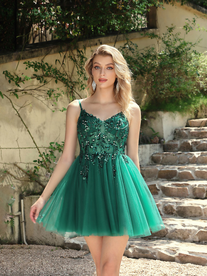 Emerald Green Beaded Tulle Gown: Outdoor Wedding & Prom Dress with Lightweight Skirt