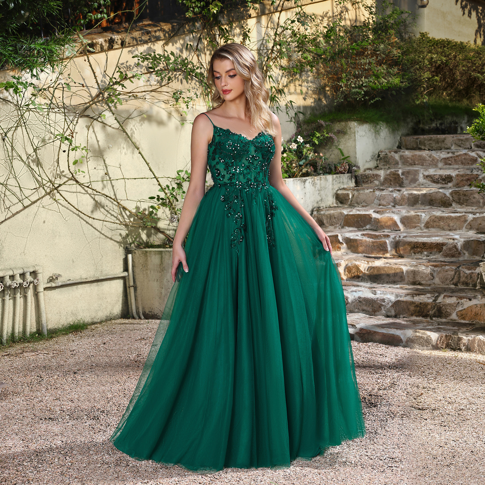 Emerald Sequin Tulle Gown: Outdoor Wedding & Evening Elegance