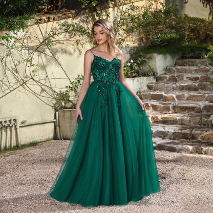 Emerald Sequin Tulle Gown: Outdoor Wedding & Evening Elegance