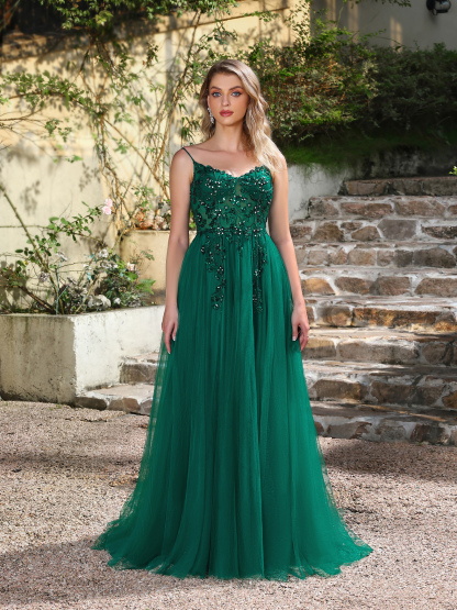 Emerald Sequin Tulle Gown: Outdoor Wedding & Evening Elegance