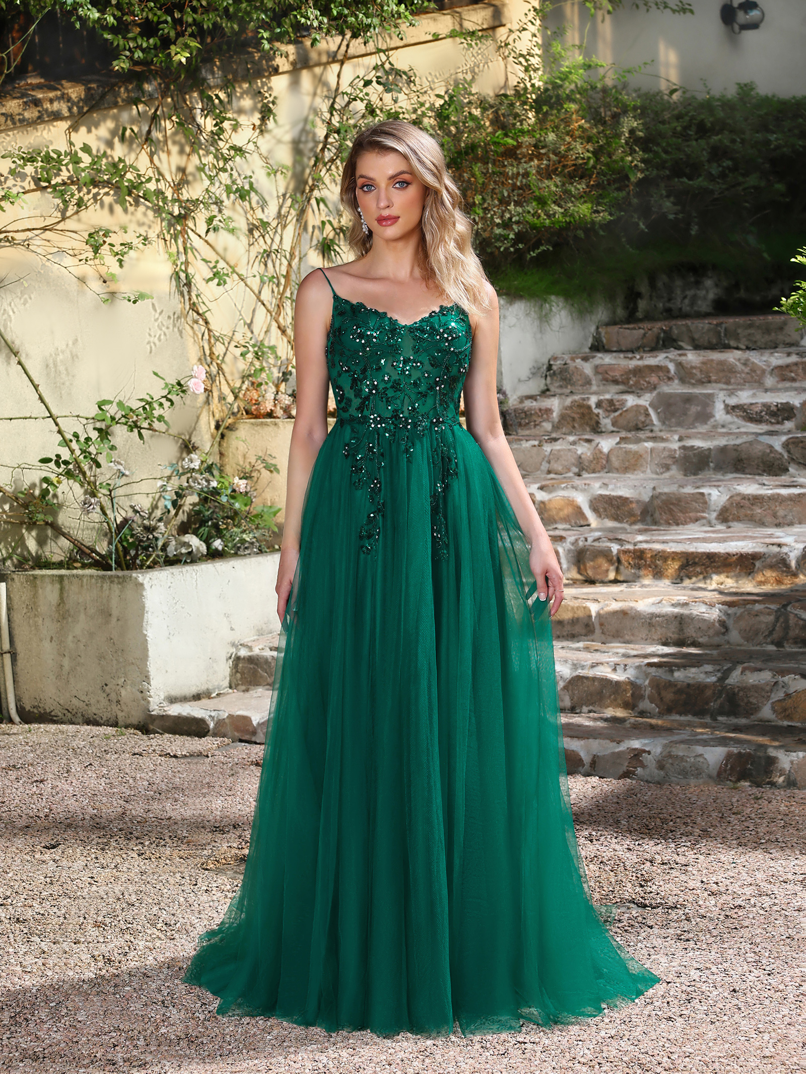 Emerald Sequin Tulle Gown: Outdoor Wedding & Evening Elegance