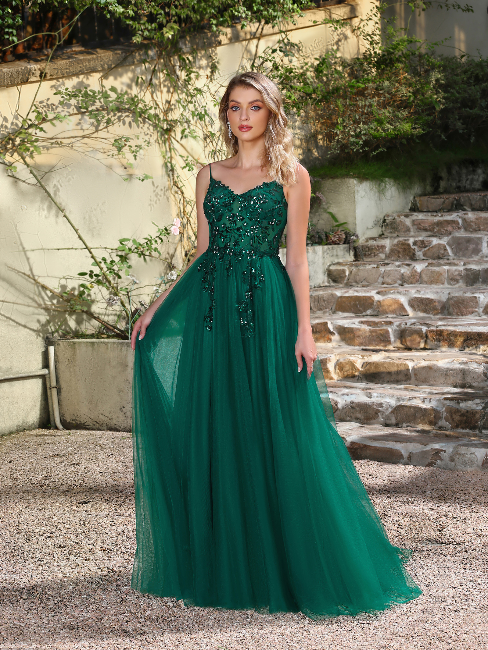 Emerald Sequin Tulle Gown: Outdoor Wedding & Evening Elegance