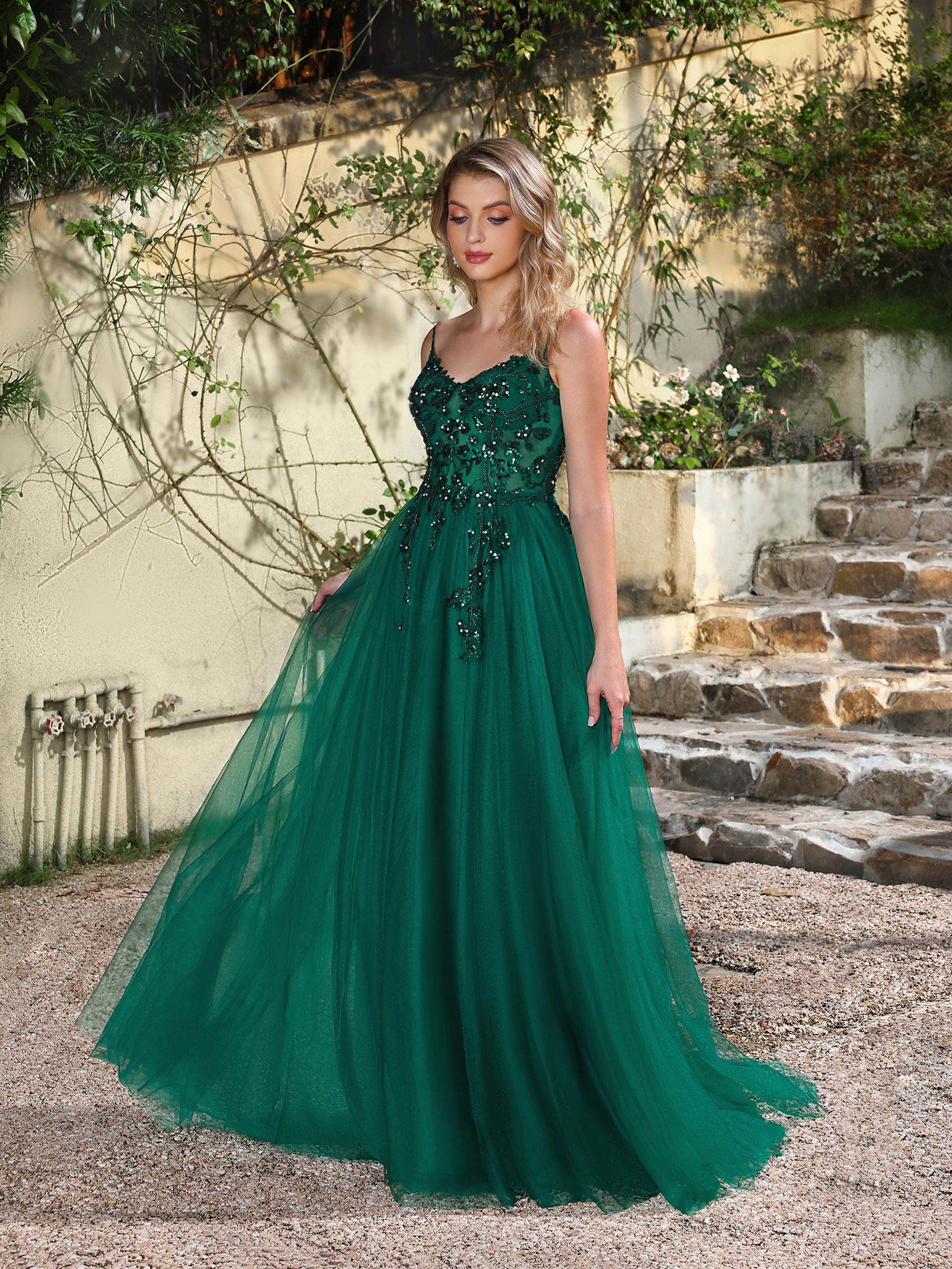 Emerald Sequin Tulle Gown: Outdoor Wedding & Evening Elegance