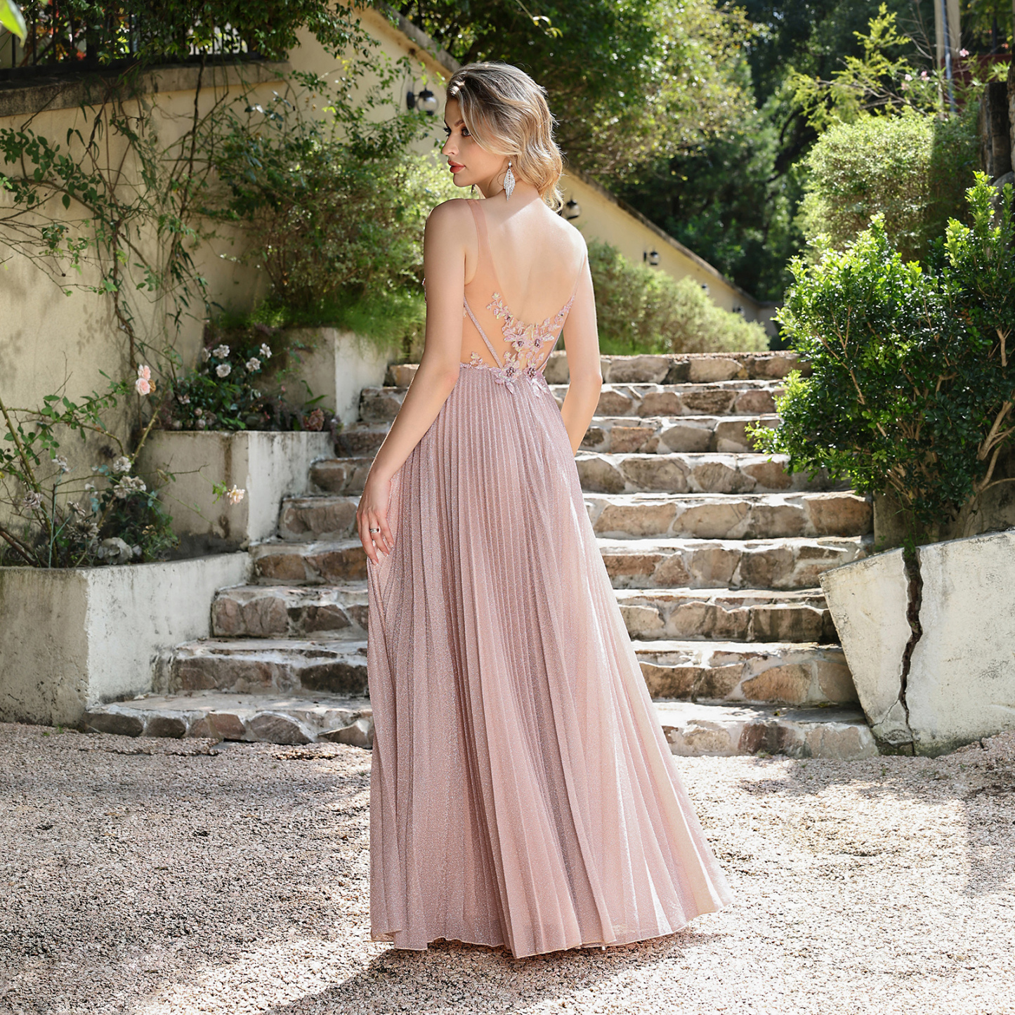 Blush Pink Open Back Evening Gown: Floral Lace Bridesmaid & Garden Wedding Prom Dress with Pleated Skirt