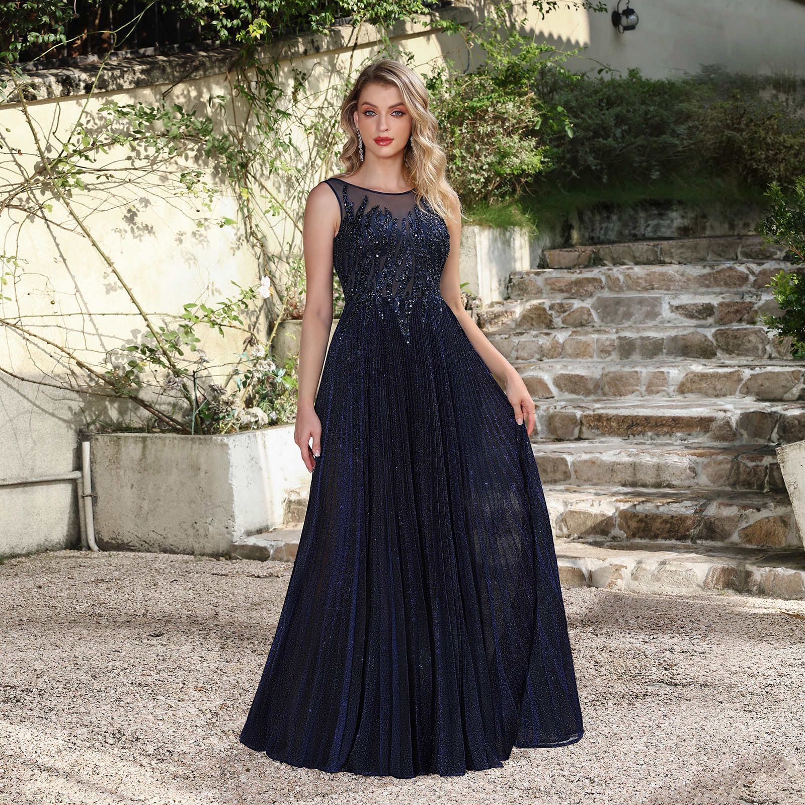 Navy Blue Sequin Prom Dress: Sparkly Mesh Top & Flowy Chiffon Skirt – Senior Ball Elegance