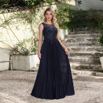 Navy Blue Sequin Prom Dress: Sparkly Mesh Top & Flowy Chiffon Skirt – Senior Ball Elegance
