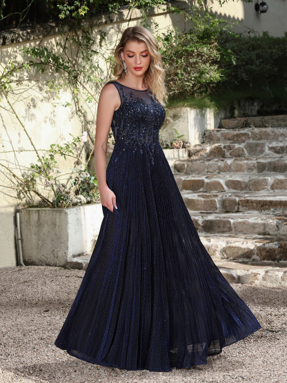 Navy Blue Sequin Prom Dress: Sparkly Mesh Top & Flowy Chiffon Skirt – Senior Ball Elegance
