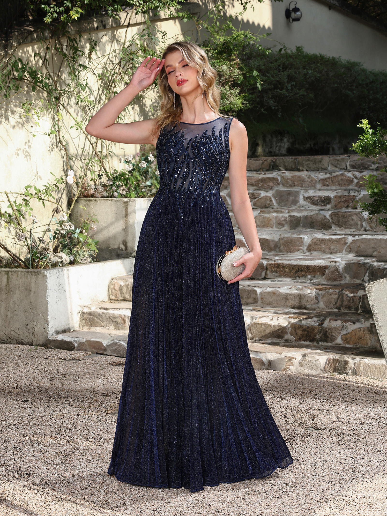 Navy Blue Sequin Prom Dress: Sparkly Mesh Top & Flowy Chiffon Skirt – Senior Ball Elegance