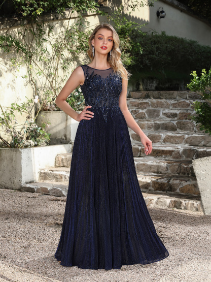 Navy Blue Sequin Prom Dress: Sparkly Mesh Top & Flowy Chiffon Skirt – Senior Ball Elegance