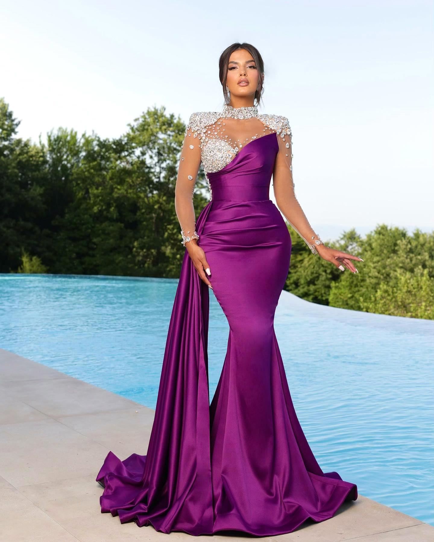 Bmbridal Black Long Sleeves Prom Dress Mermaid Crystal High Neck