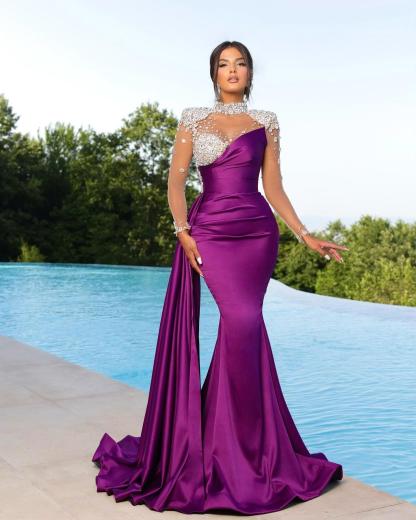 Bmbridal Black Long Sleeves Prom Dress Mermaid Crystal High Neck