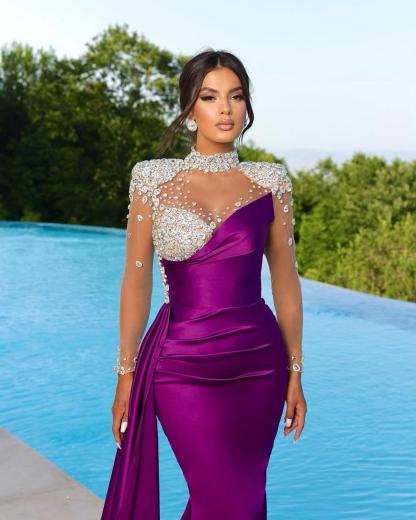 Bmbridal Black Long Sleeves Prom Dress Mermaid Crystal High Neck